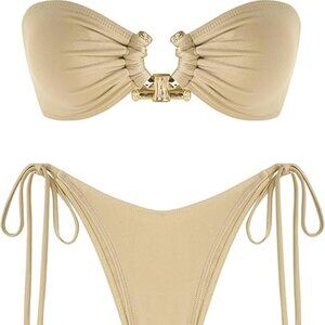ZAFUL Metal Ring Bandeau Bikini Set Tie Side Bathing Suit High Cut 2 Piece